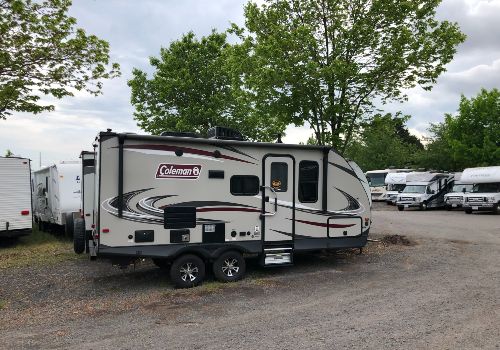 A Coleman RV is parked under a tree