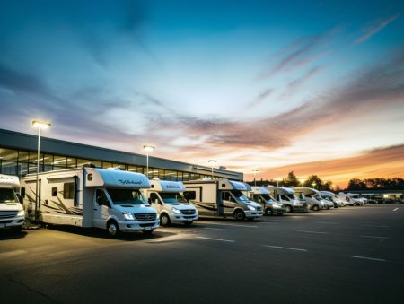 An RV dealership during the evening