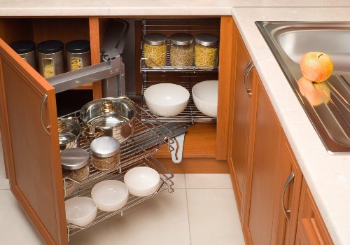 Slide-out bins in lower cabinets
