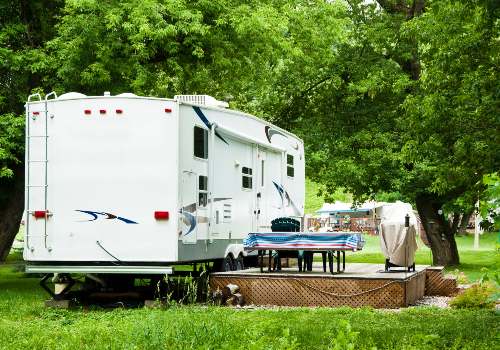 A travel trailer with two bedrooms